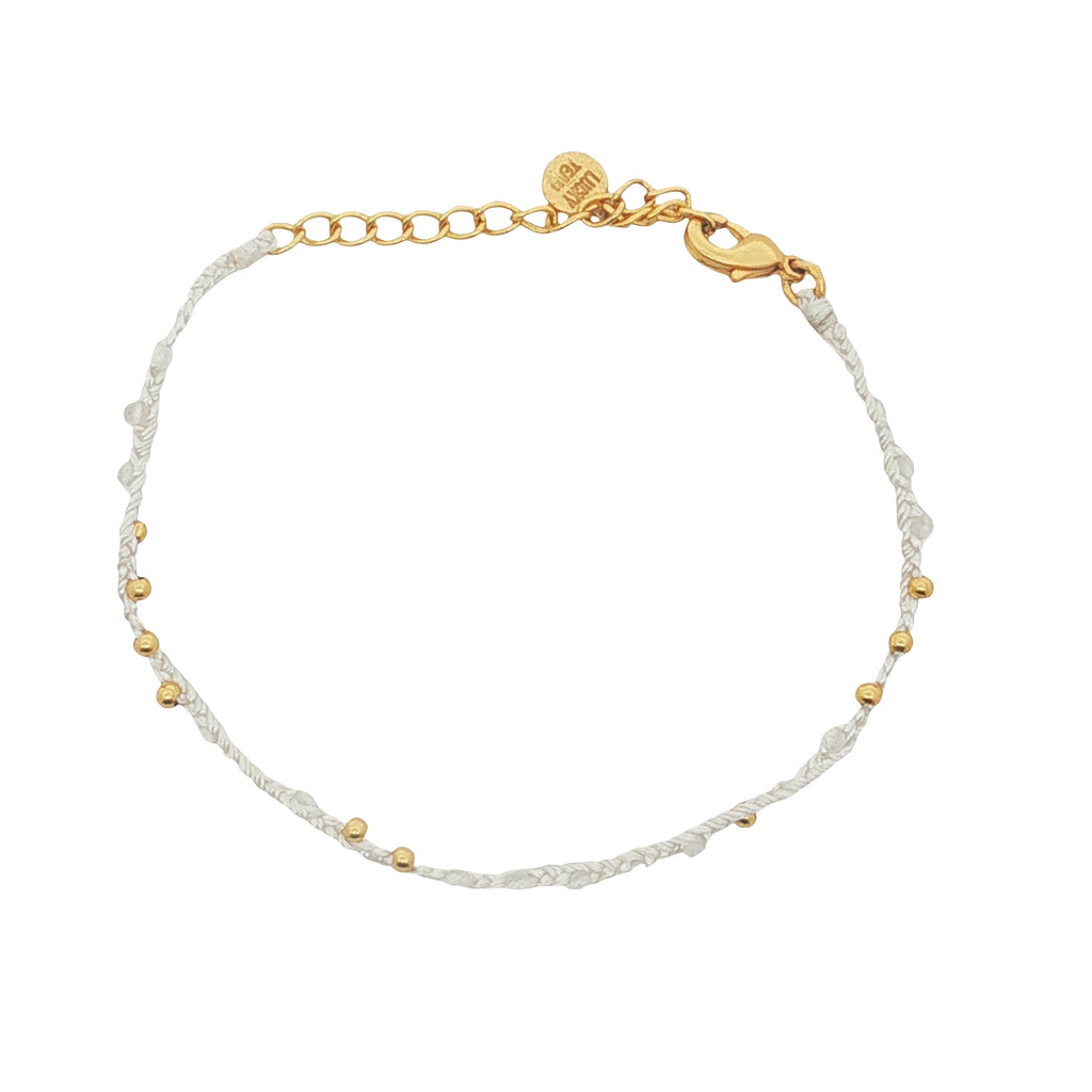 Bracelet doré cordon blanc pierre de lune et perles dorées