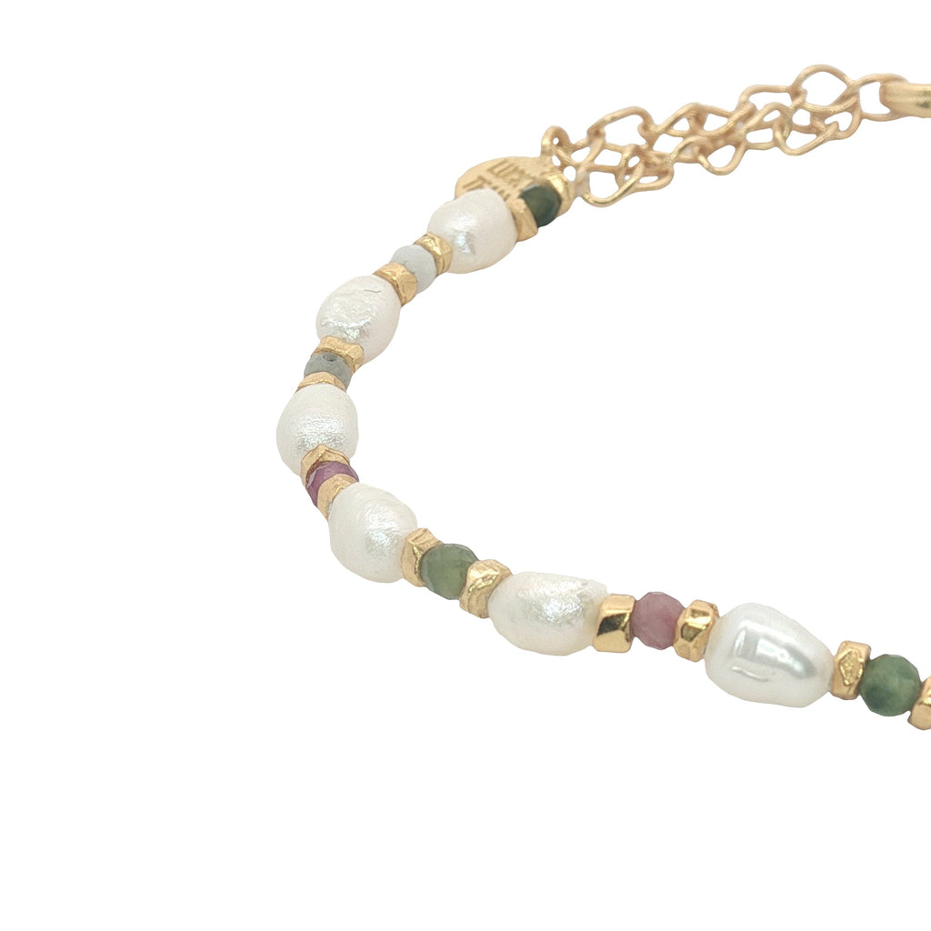 Bracelet doré perles de culture, perles dorées et tourmaline