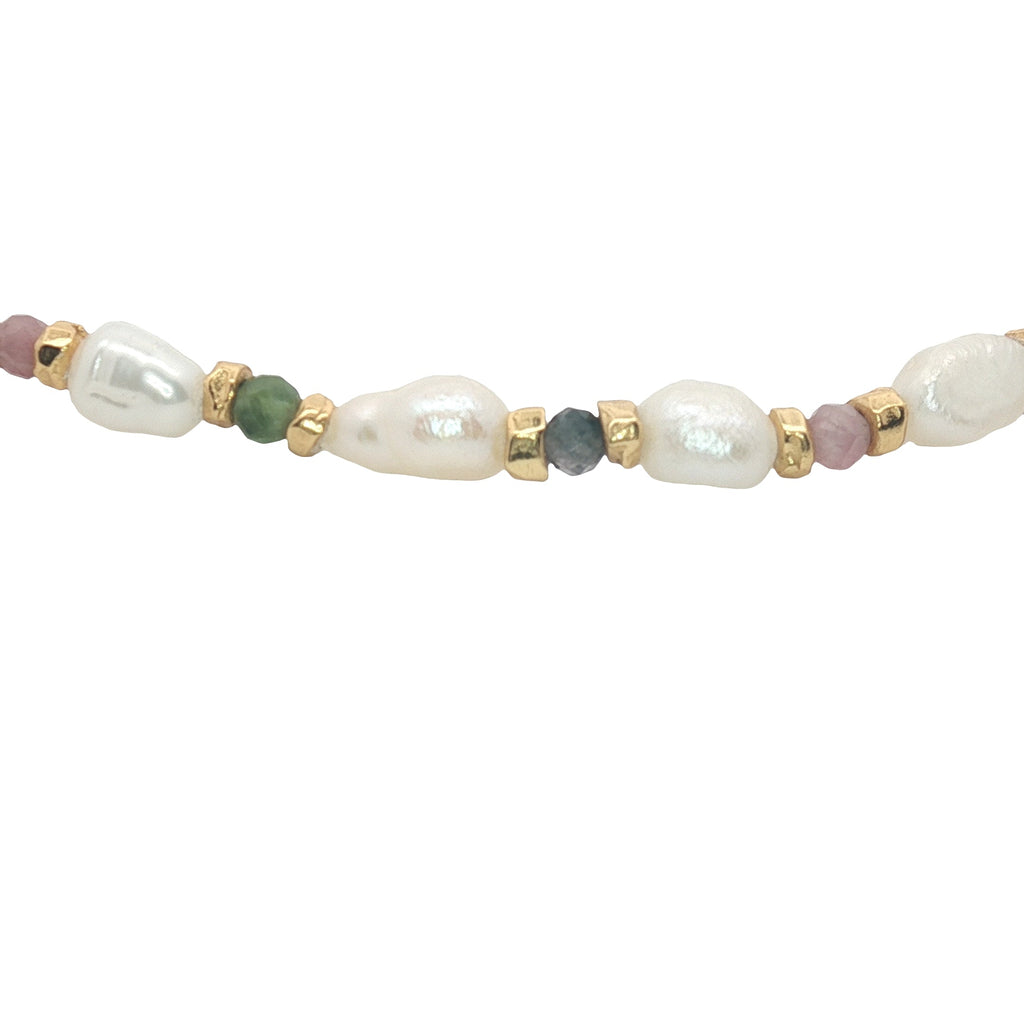 Bracelet doré perles de culture, perles dorées et tourmaline