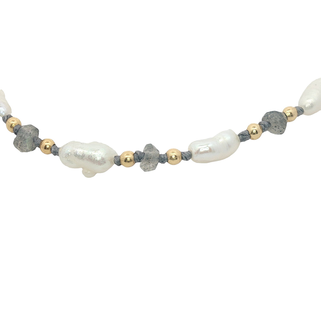 Bracelet doré perles de culture irrégulières, perles dorées et labradorite