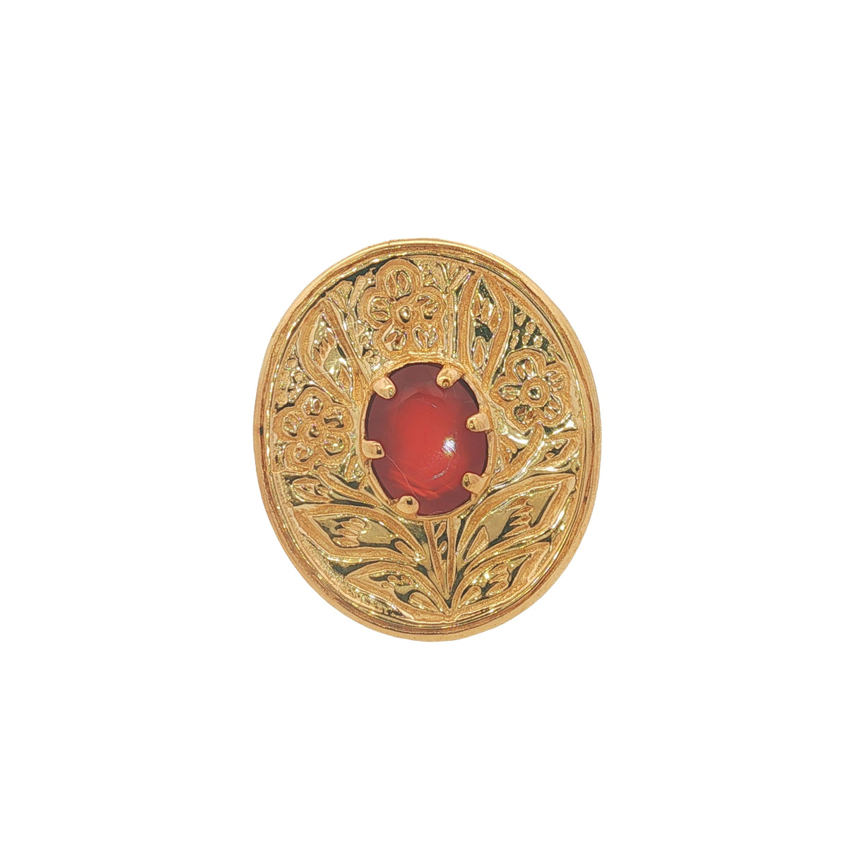 Bague dorée fleur gravée avec pierre