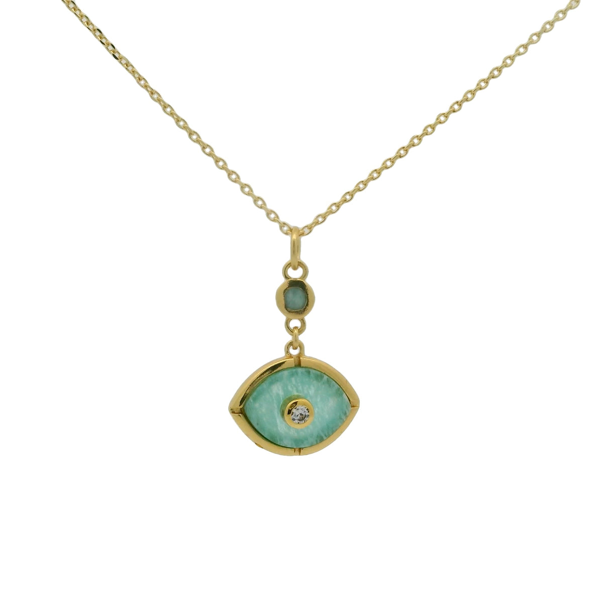 Collier doré oeil amazonite et zircons 42 cm
