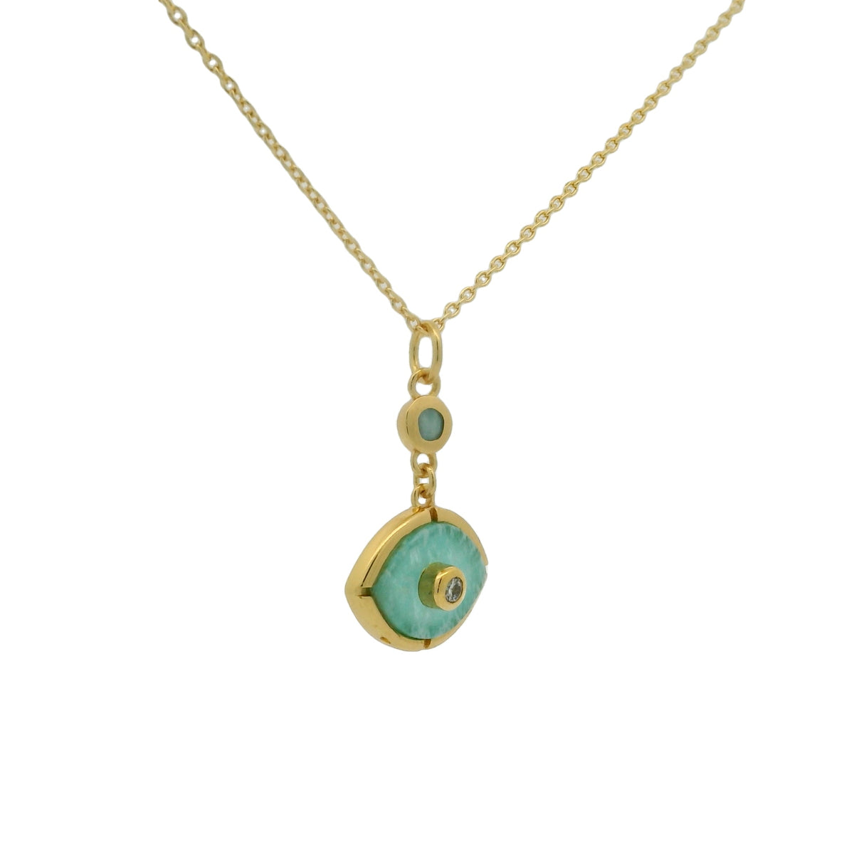 Collier doré oeil amazonite et zircons 42 cm