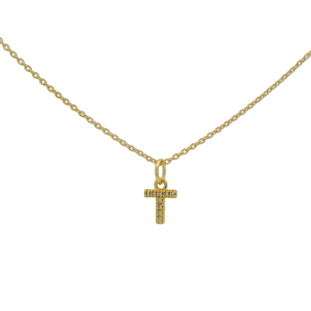Collier doré petite lettre T zircons blancs 42 cm