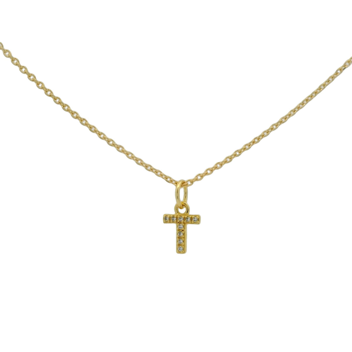 Collier doré petite lettre T zircons blancs 42 cm