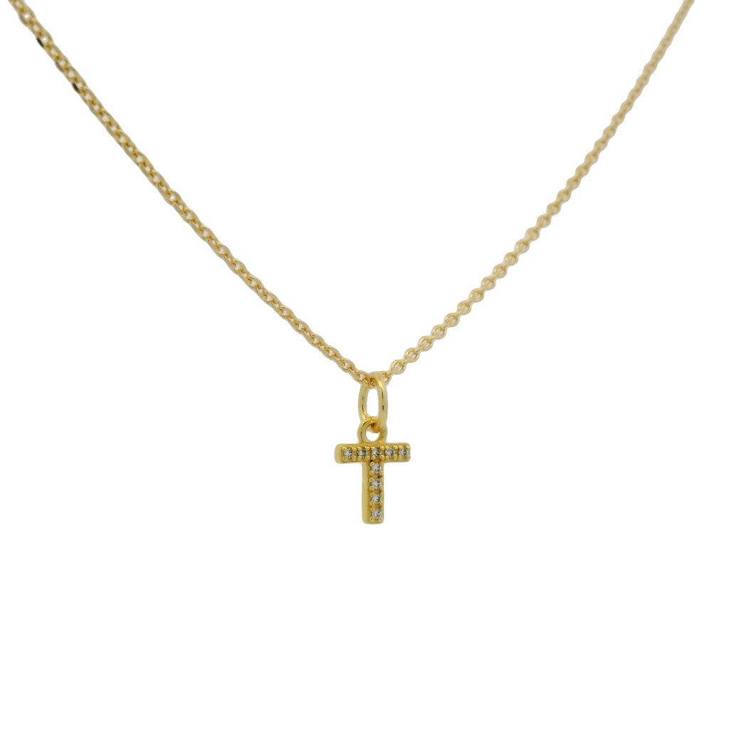 Collier doré petite lettre T zircons blancs 42 cm