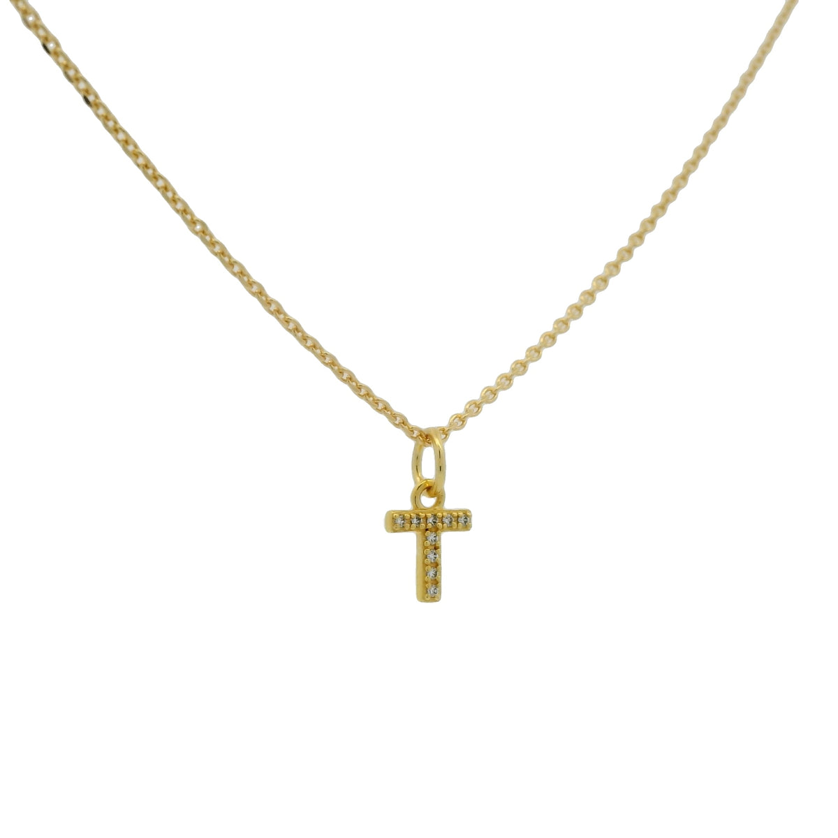 Collier doré petite lettre T zircons blancs 42 cm