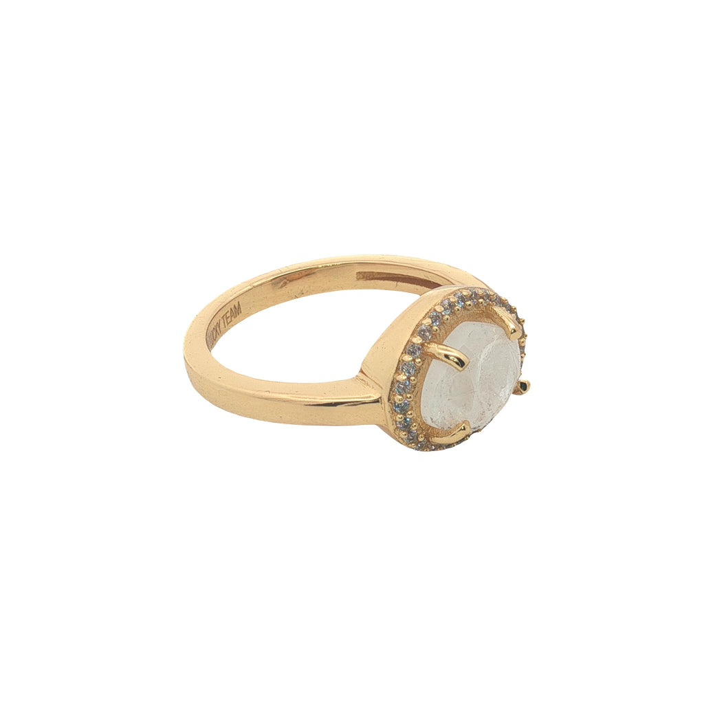 Bague dorée pierre naturelle serti 4 griffes et zircons