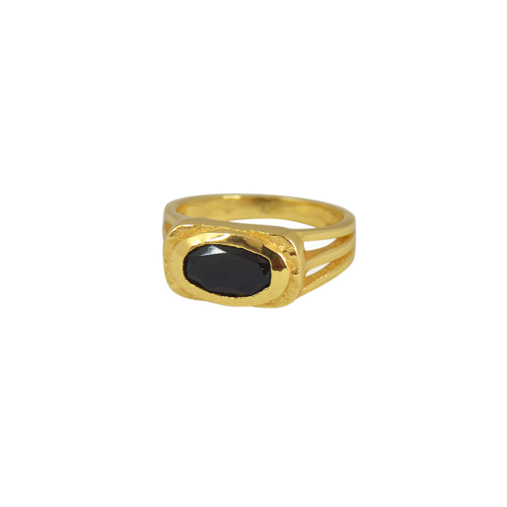 Chevalière dorée triple anneaux et pierre ovale - 52 / ONYX