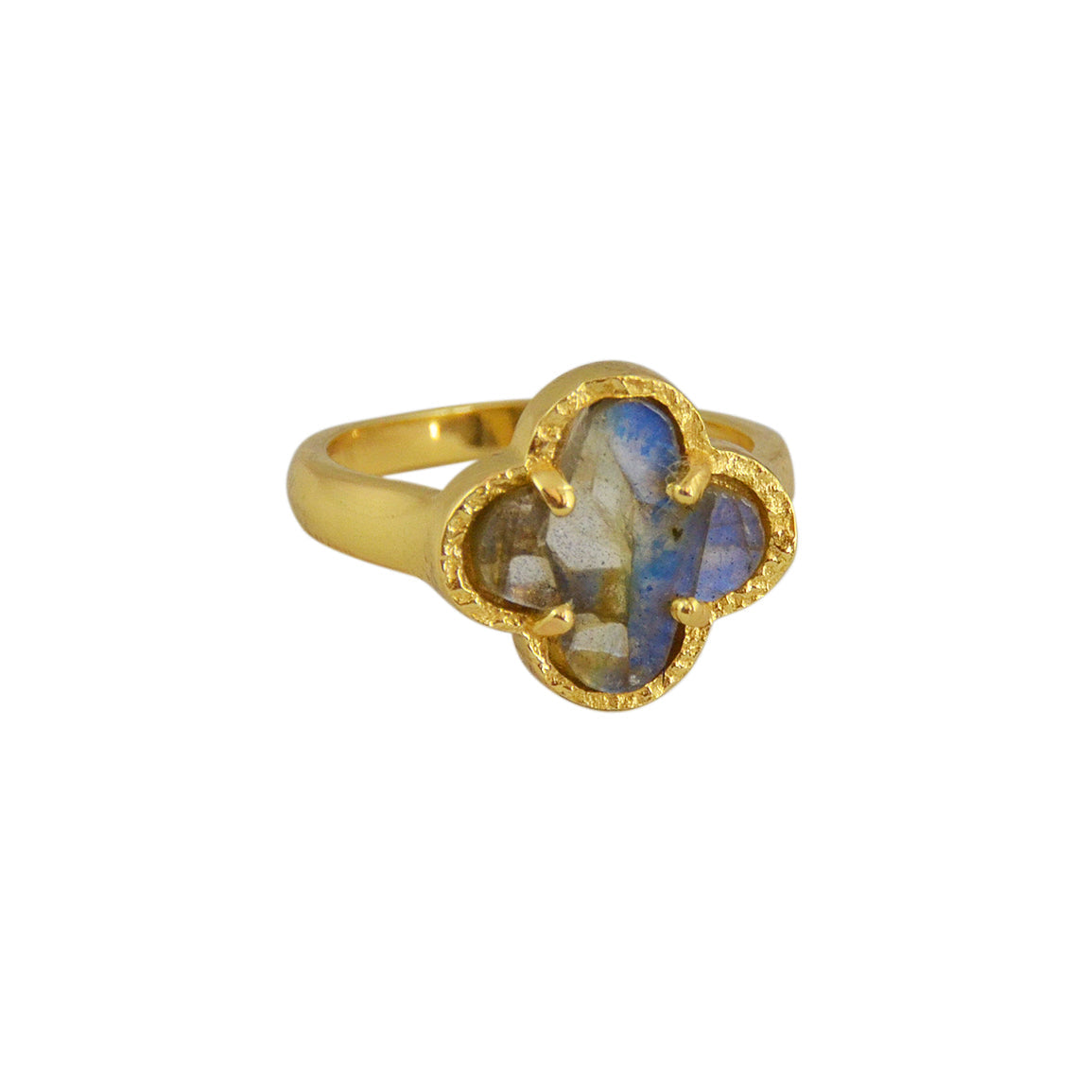 Bague dorée trèfle et pierre naturelle