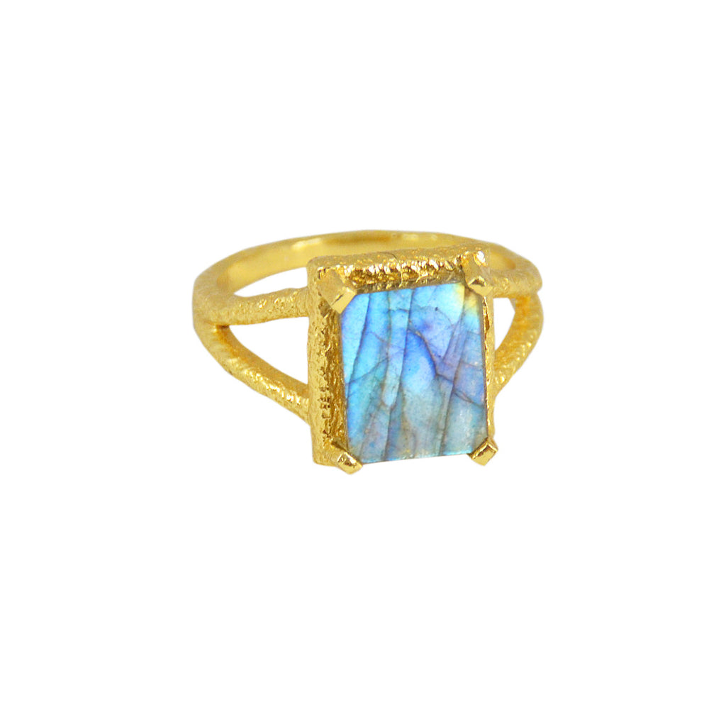 Bague dorée texturée double anneau et pierre carrée - 50 /