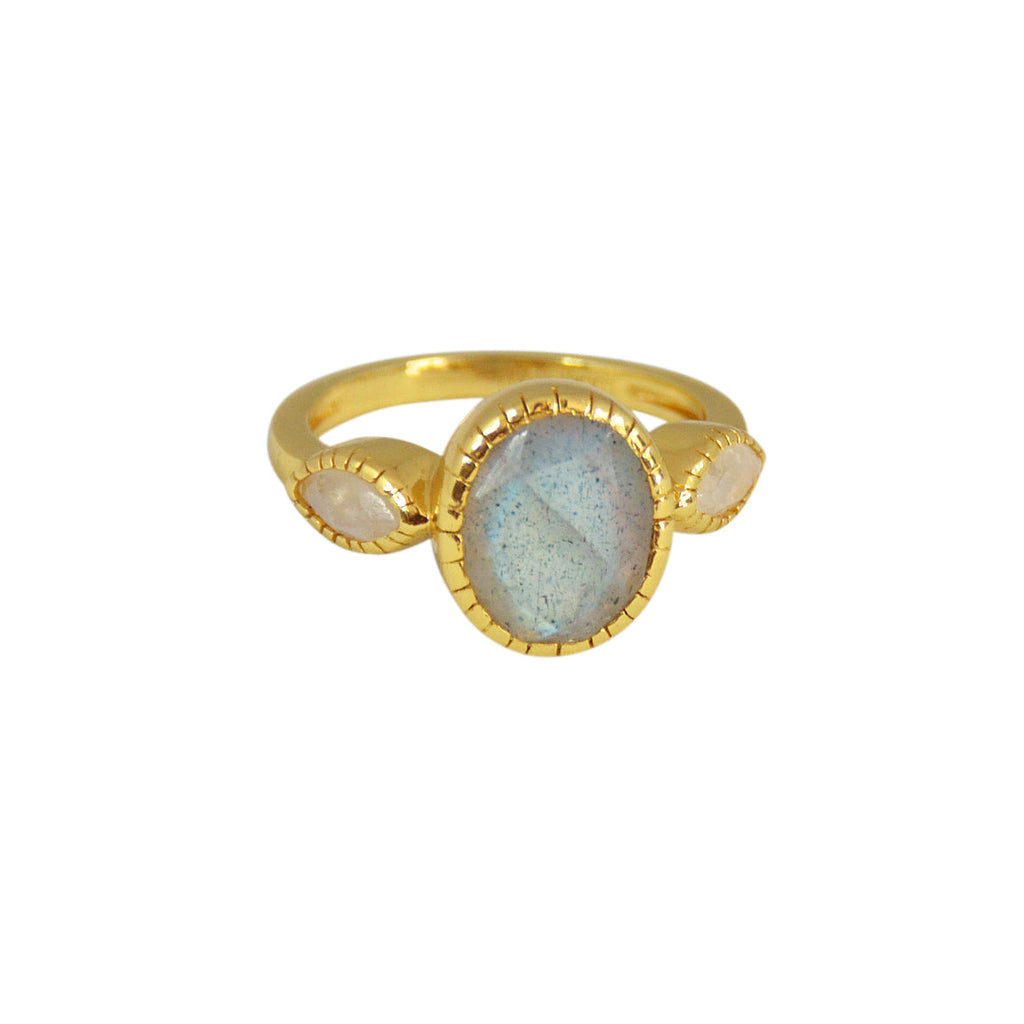 Bague dorée duo de pierres - 50 / LABRADORITE & PIERRE DE