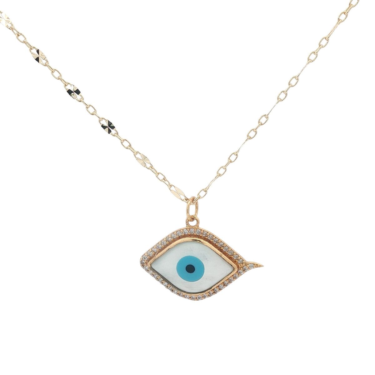 Collier doré oeil en nacre avec zircons blancs 50 cm