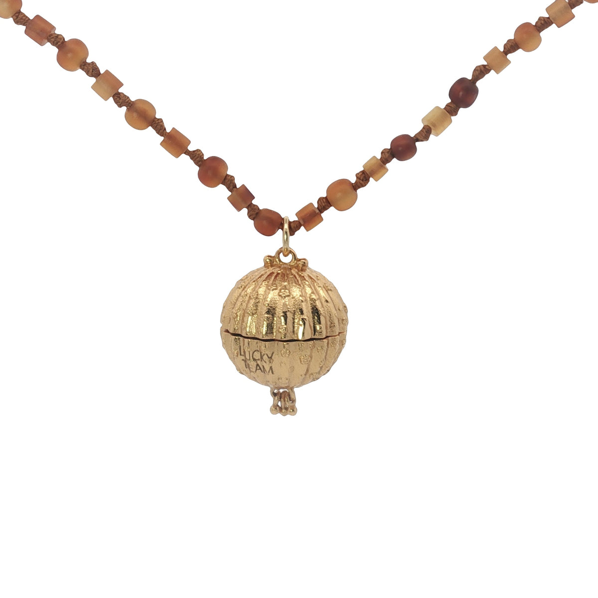 Collier Bola boule dorée striée mix perles marrons  75 cm