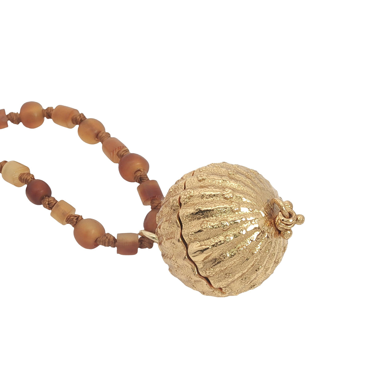Collier Bola boule dorée striée mix perles marrons  75 cm