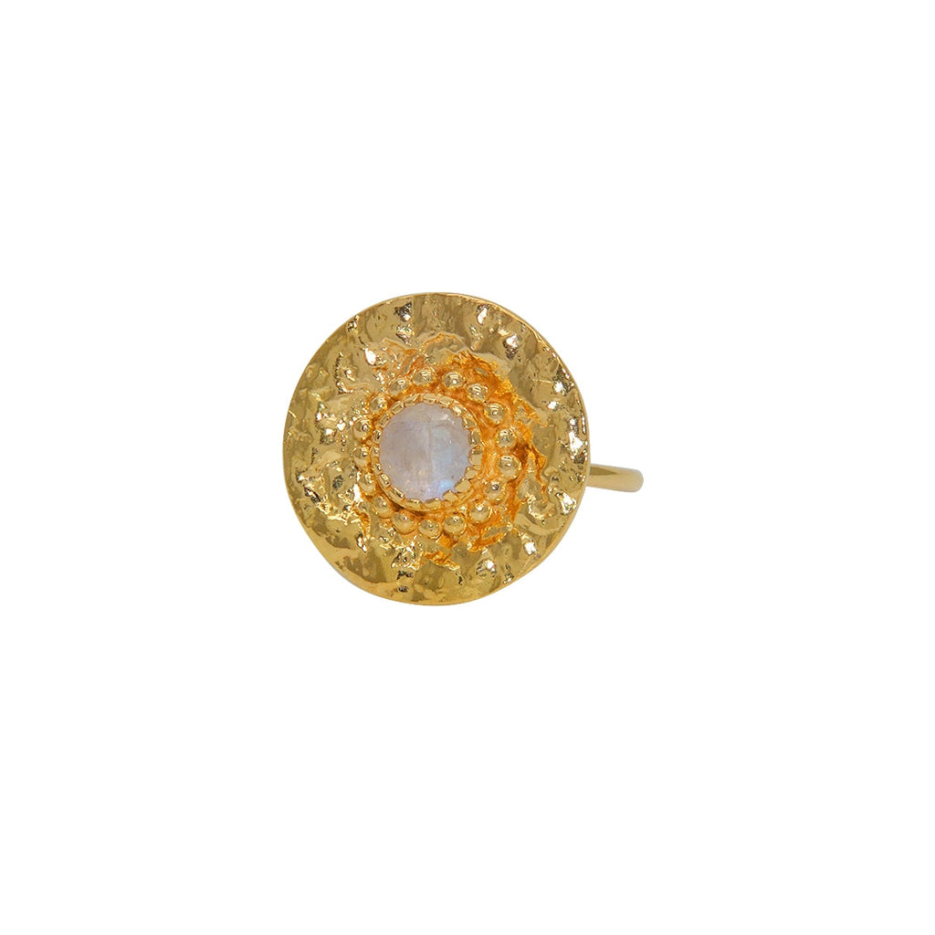 Bague ronde dorée martelée et pierre - 50 / PIERRE DE LUNE