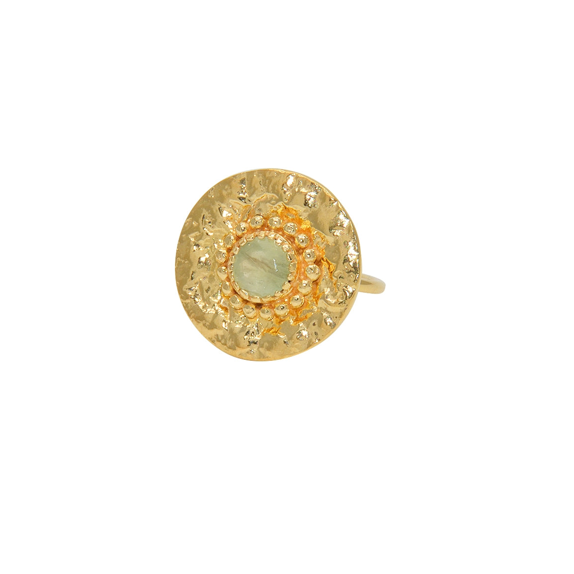 Bague ronde dorée martelée et pierre - 50 / PREHNITE