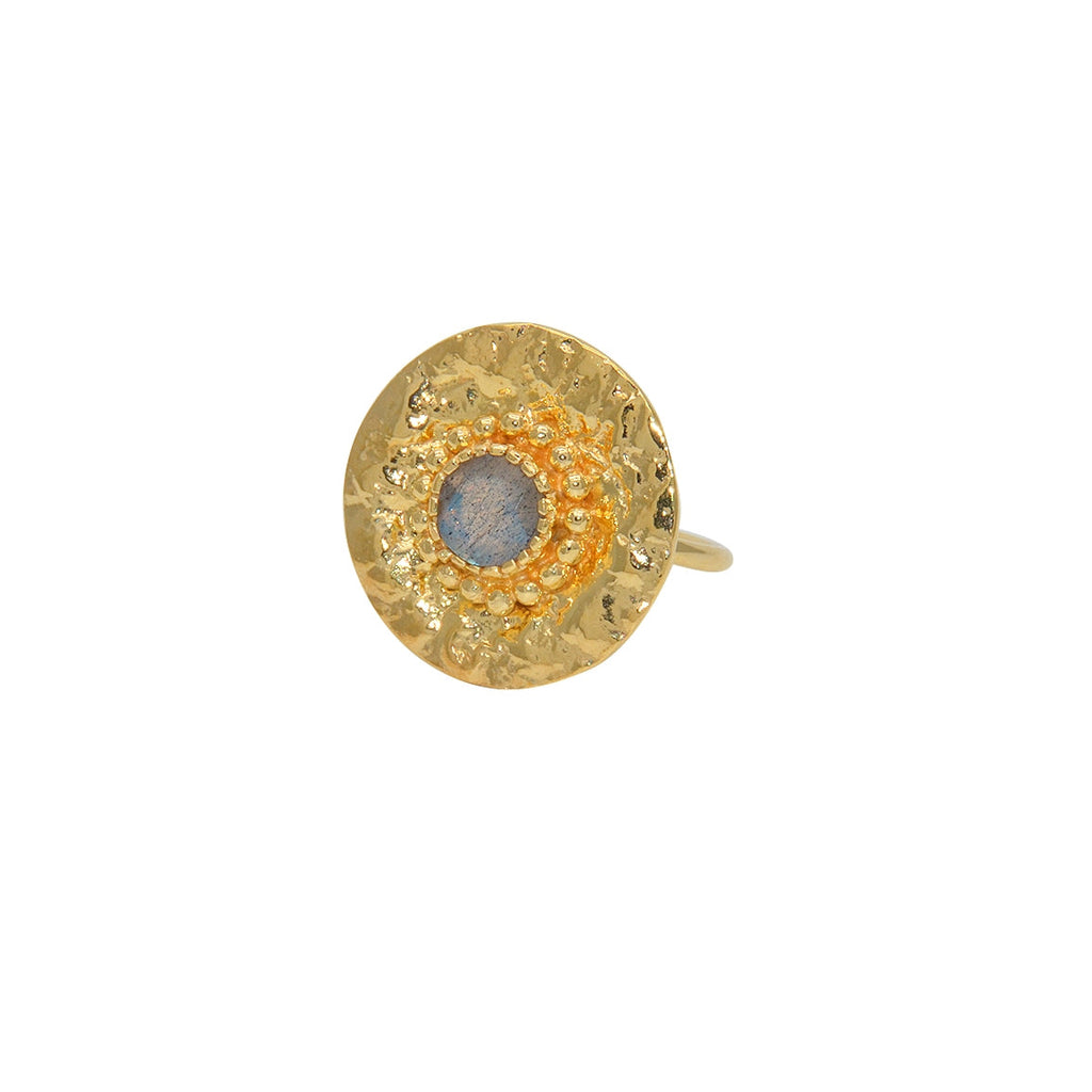 Bague ronde dorée martelée et pierre - 50 / LABRADORITE