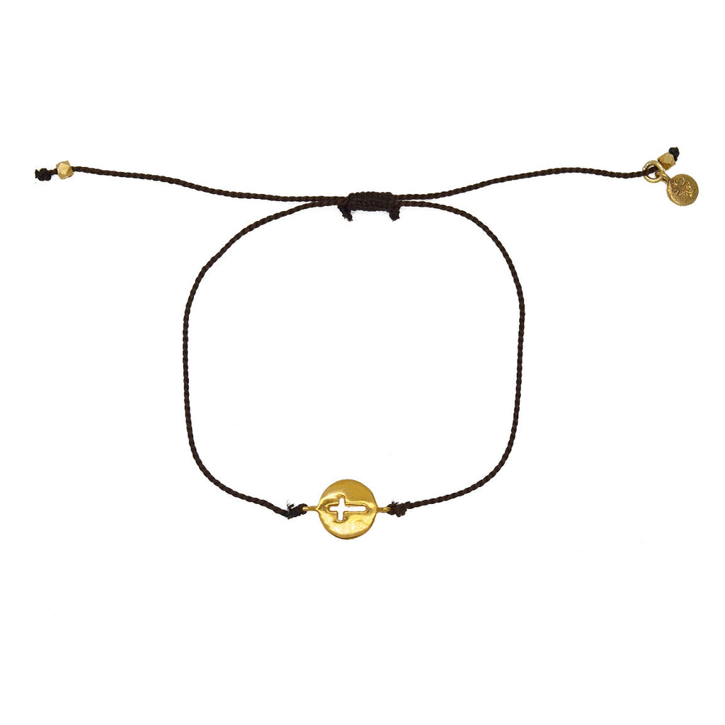 Bracelet tressé coloré médaille croix dorée - CHOCOLAT