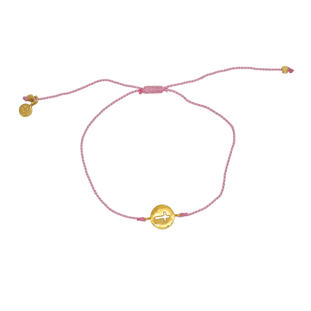 Bracelet tressé coloré médaille croix dorée - ROSE