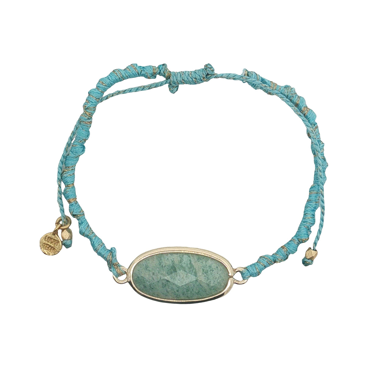 Bracelet cordon turquoise avec amazonite ovale cerclée de doré