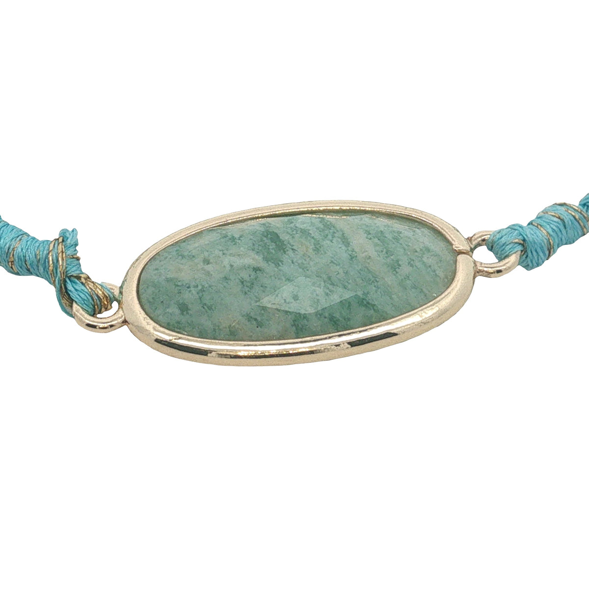 Bracelet cordon turquoise avec amazonite ovale cerclée de doré