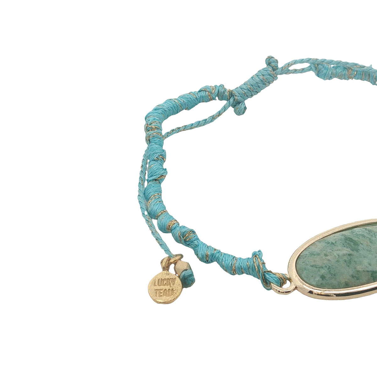 Bracelet cordon turquoise avec amazonite ovale cerclée de doré