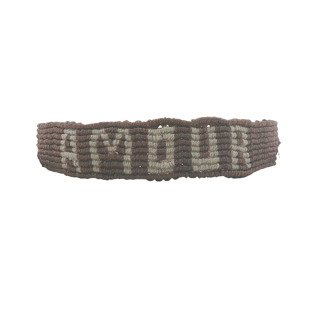 Bracelet brésilien doré fil tissé marron et crème "amour"