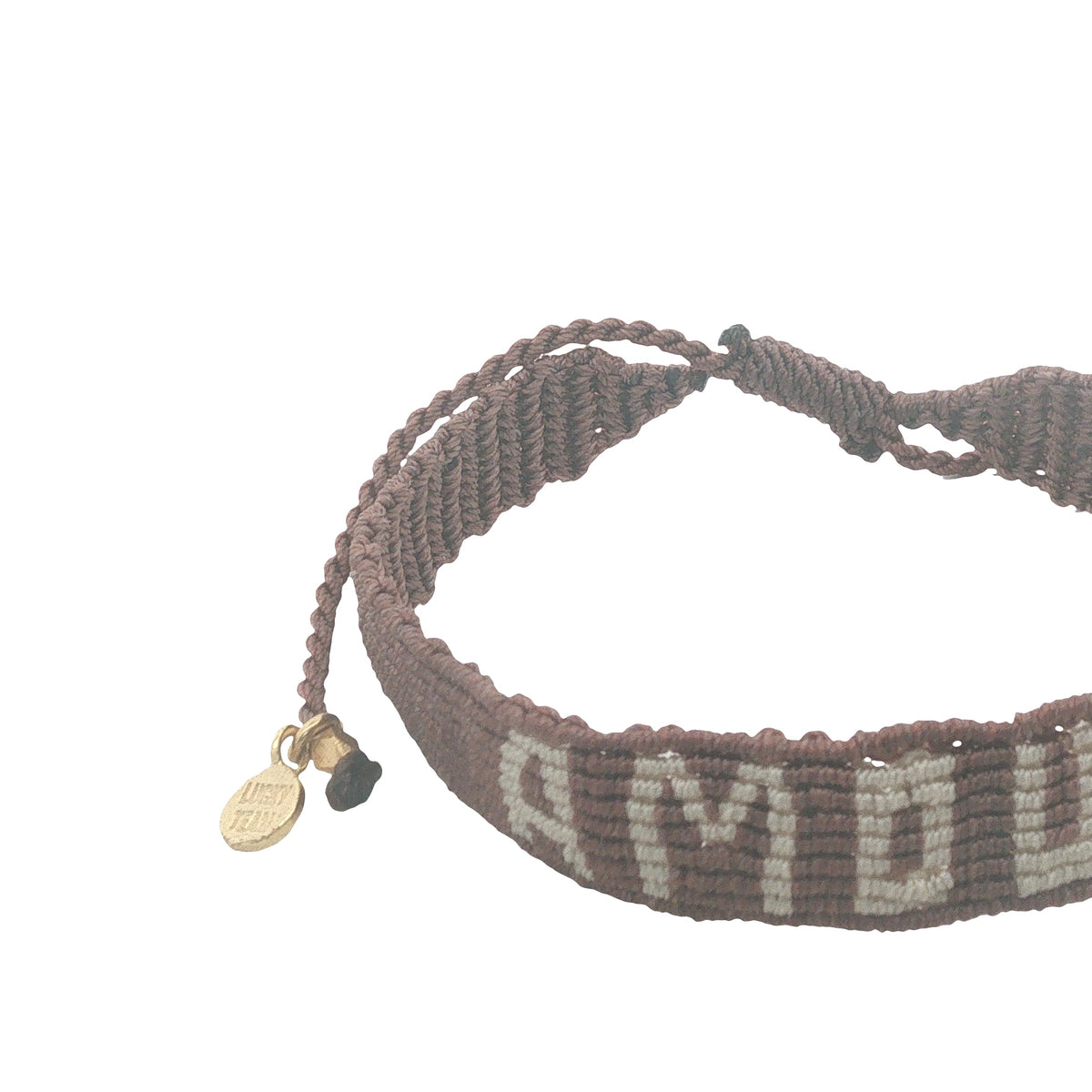 Bracelet brésilien doré fil tissé marron et crème "amour"