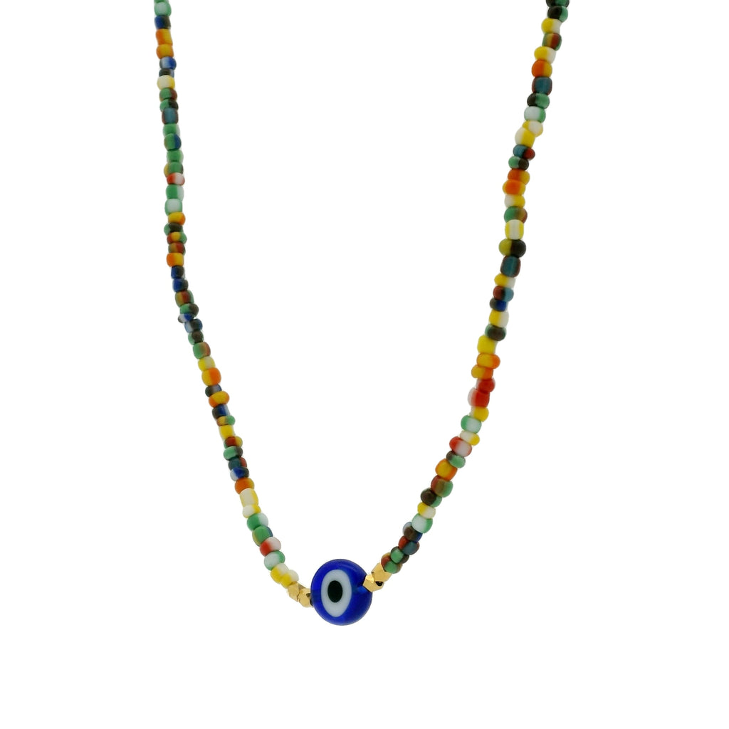 Collier doré perles multicolores et oeil 40 cm