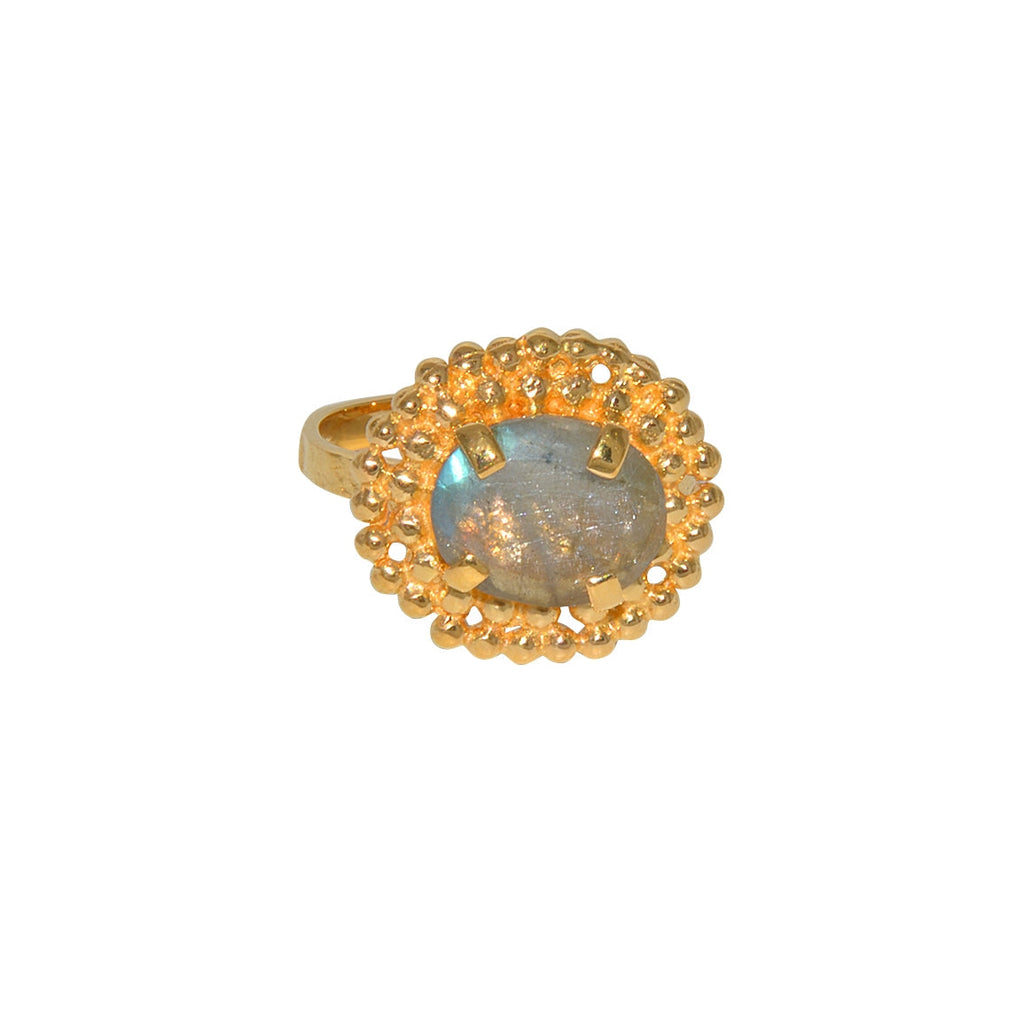 Bague dorée boules et pierres 4 griffes - 52 / LABRADORITE -
