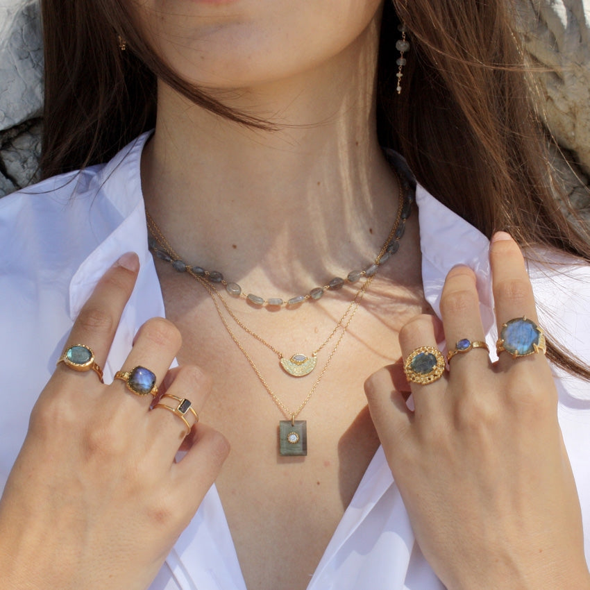 Bague dorée boules et pierres 4 griffes - Bagues