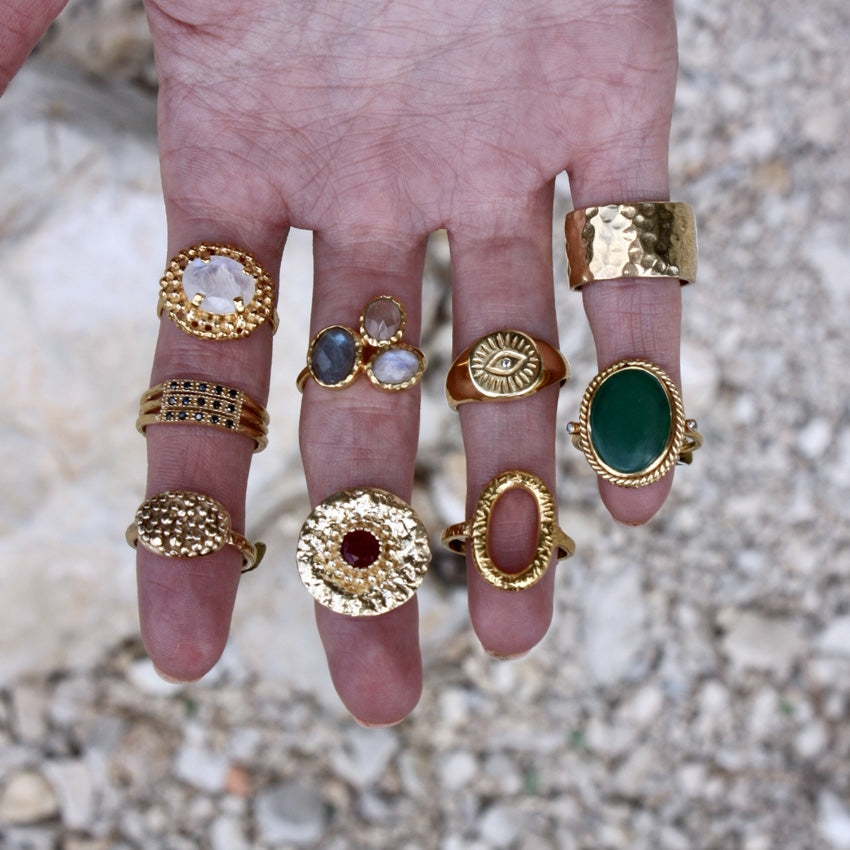 Bague dorée boules et pierres 4 griffes - Bagues