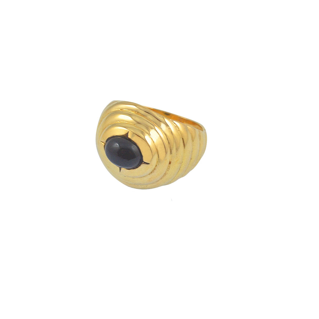 Chevalière dorée vagues et pierre cabochon - 50 / ONYX NOIRE