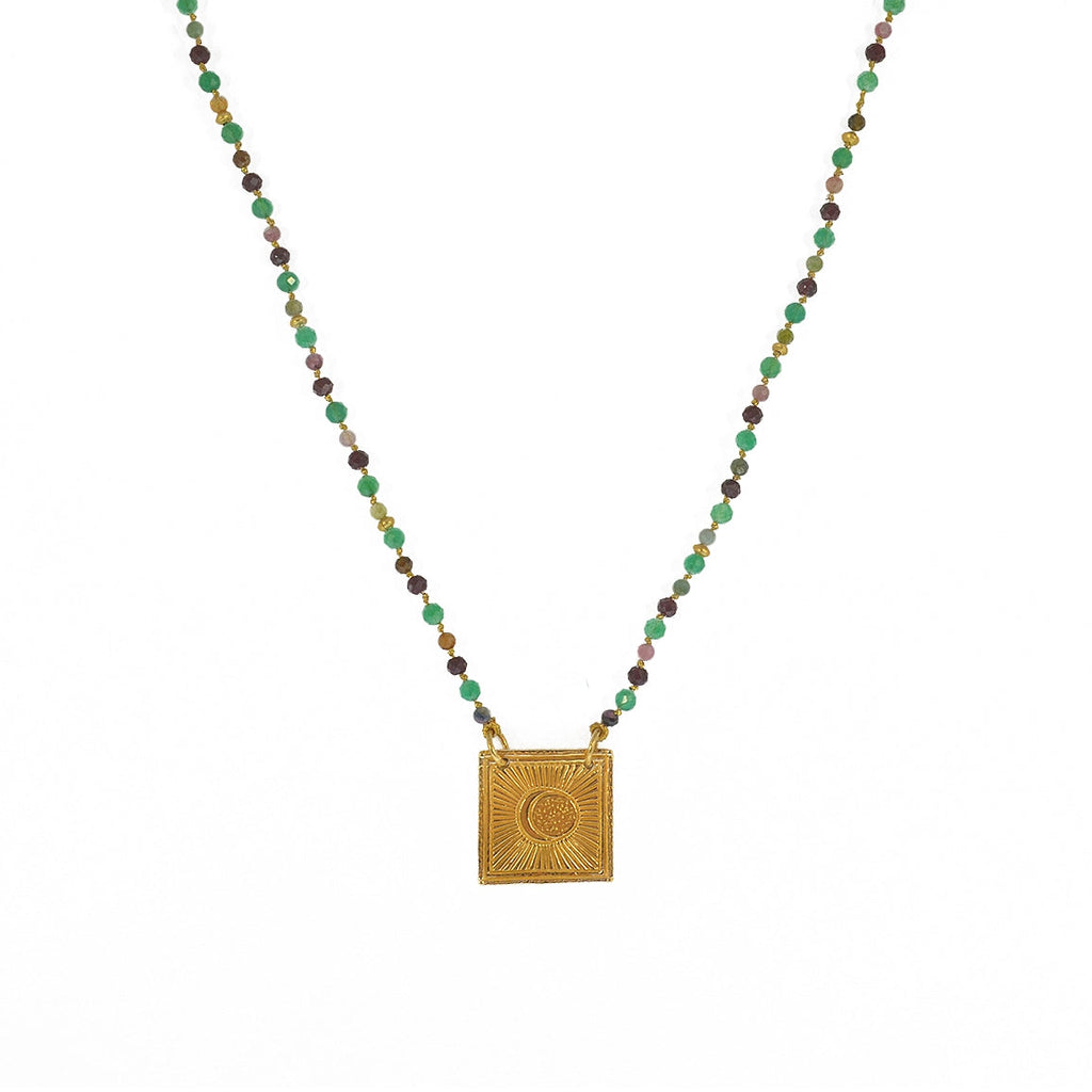 Collier cordon doré pierres et plaque soleil - GRENAT - ONYX