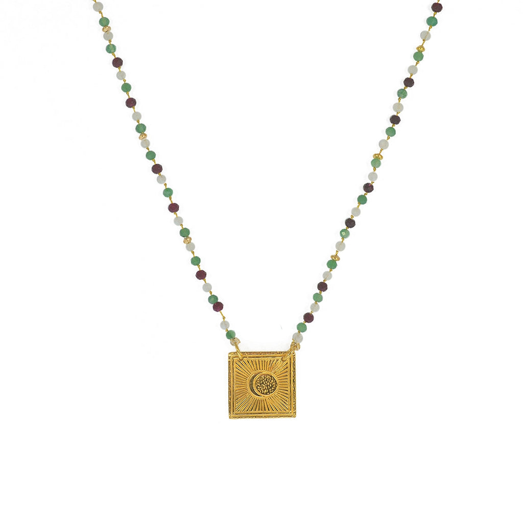 Collier cordon doré pierres et plaque soleil - GRENAT -