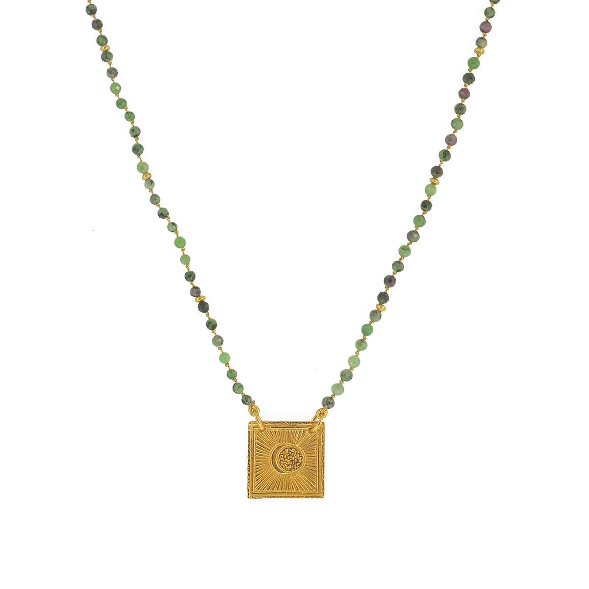 Collier cordon doré pierres et plaque soleil - RUBIS ZOISITE