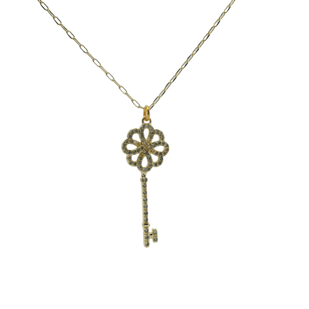 Collier doré clé et fleur en zircons 50 cm