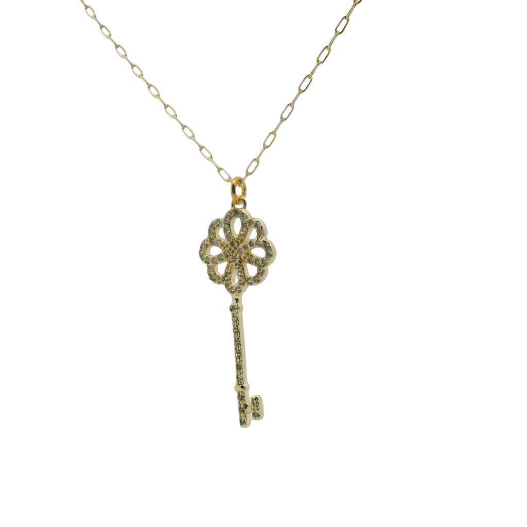 Collier doré clé et fleur en zircons 50 cm