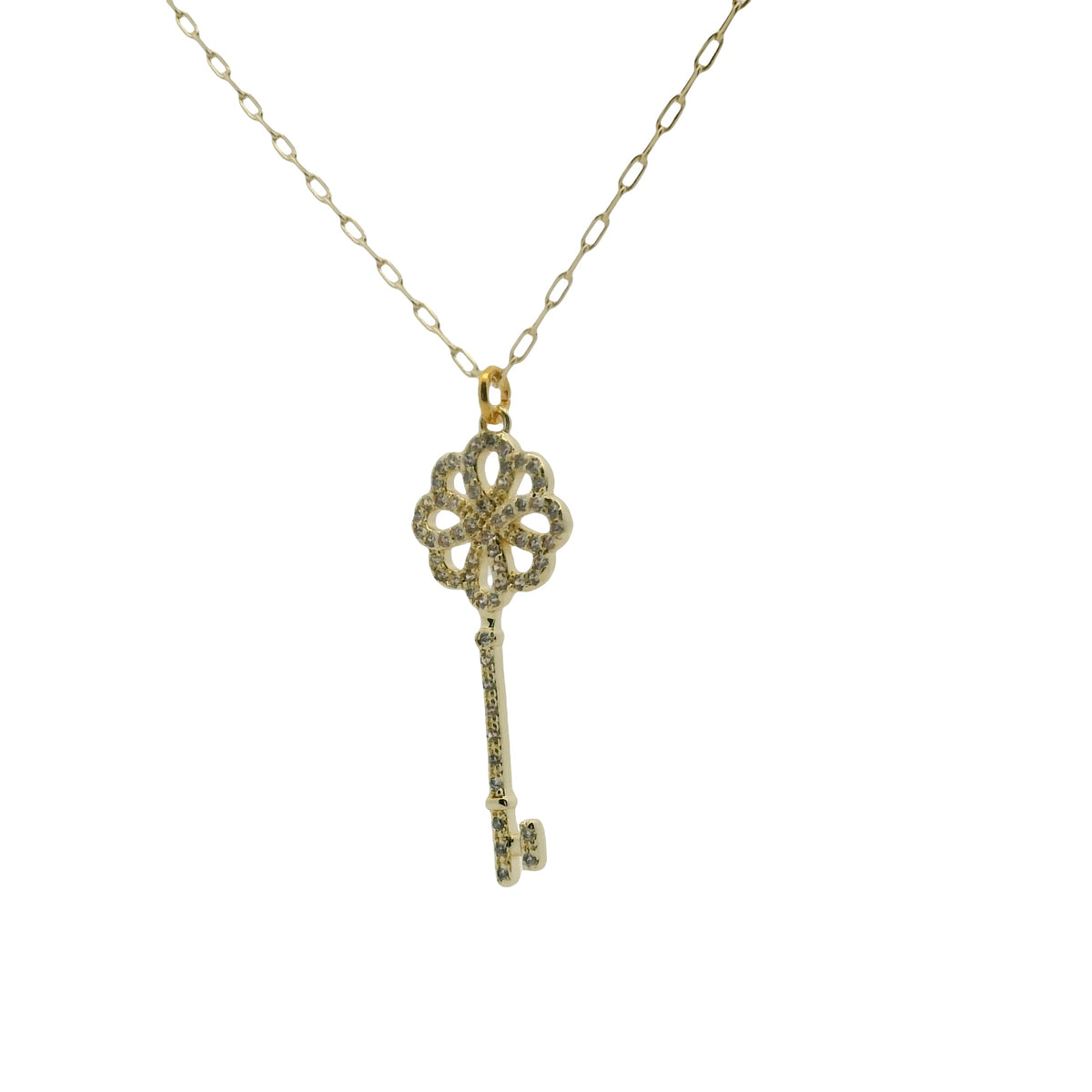 Collier doré clé et fleur en zircons 50 cm