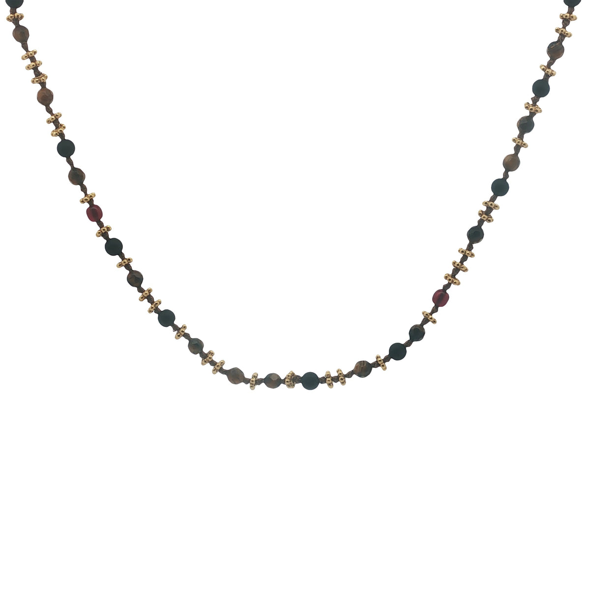 Collier doré oeil de tigre, perles en bois et couronnes dorées 46 cm