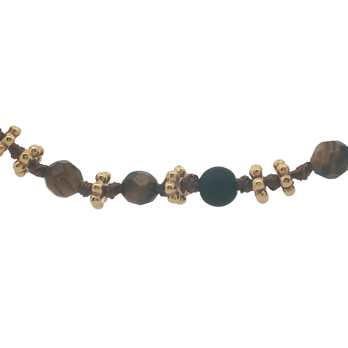Collier doré oeil de tigre, perles en bois et couronnes dorées 46 cm