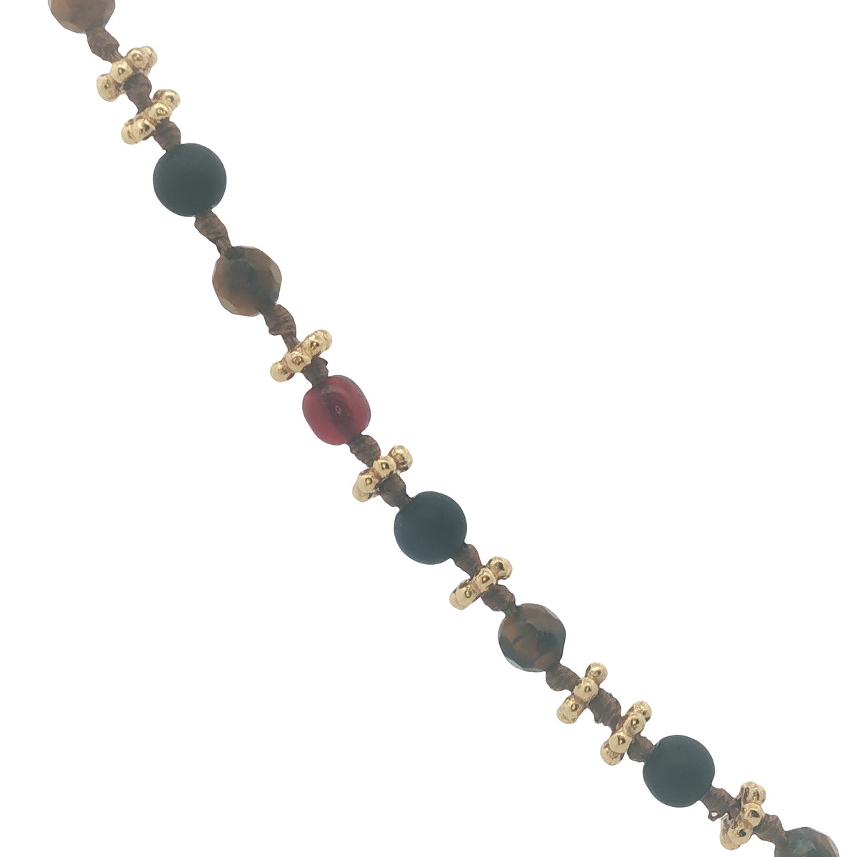 Collier doré oeil de tigre, perles en bois et couronnes dorées 46 cm