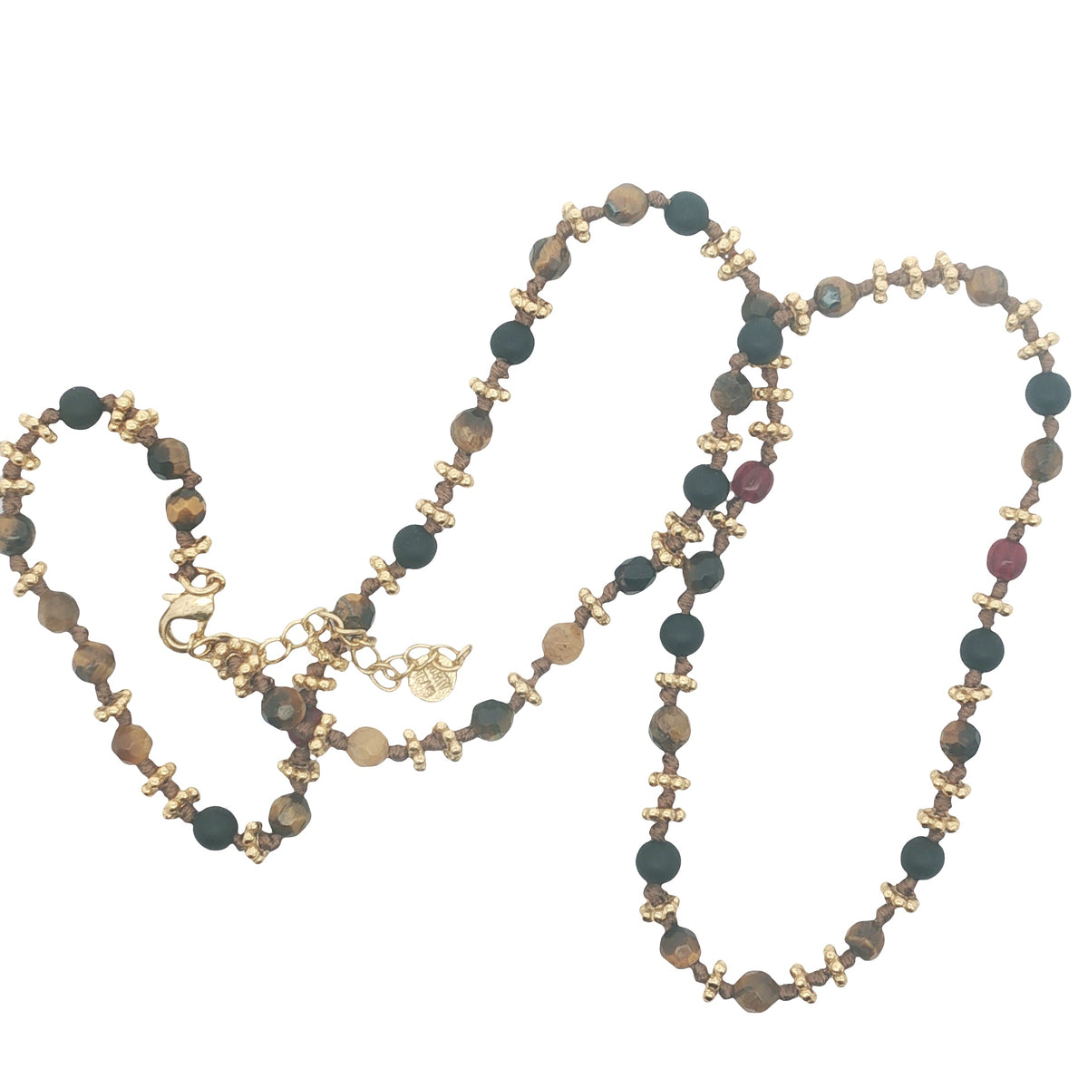 Collier doré oeil de tigre, perles en bois et couronnes dorées 46 cm