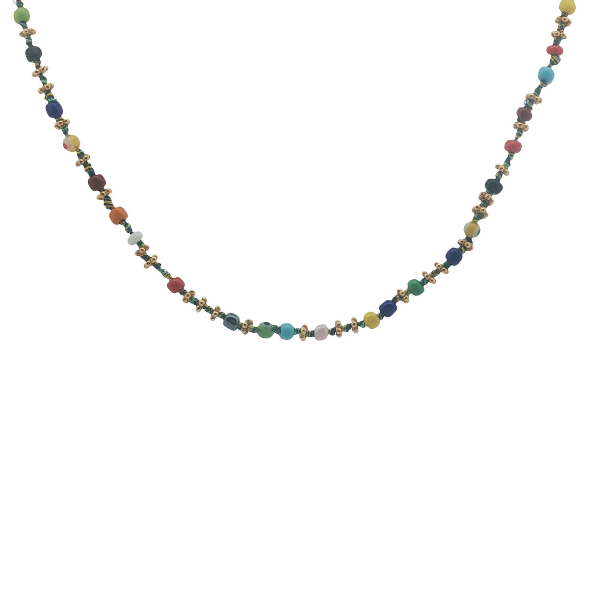 Collier doré perles multicolores, couronnes dorées et noeuds multicolores 42 cm