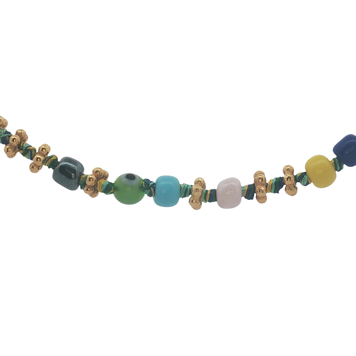 Collier doré perles multicolores, couronnes dorées et noeuds multicolores 42 cm