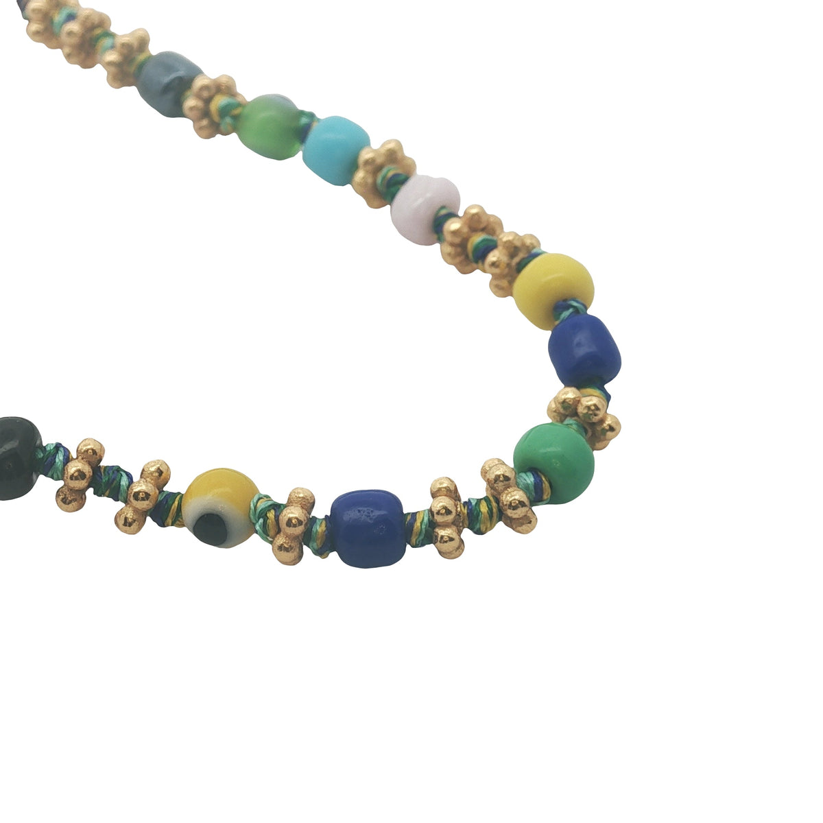 Collier doré perles multicolores, couronnes dorées et noeuds multicolores 42 cm