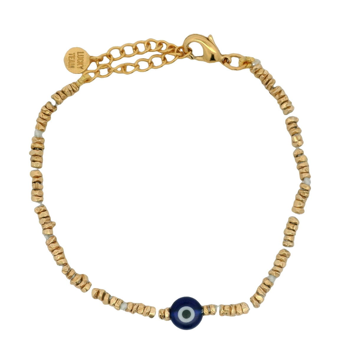Bracelet doré avec petit oeil bleu et perles dorées martelées