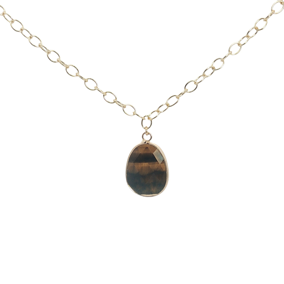 Collier doré pendentif ovale oeil de tigre 42 cm
