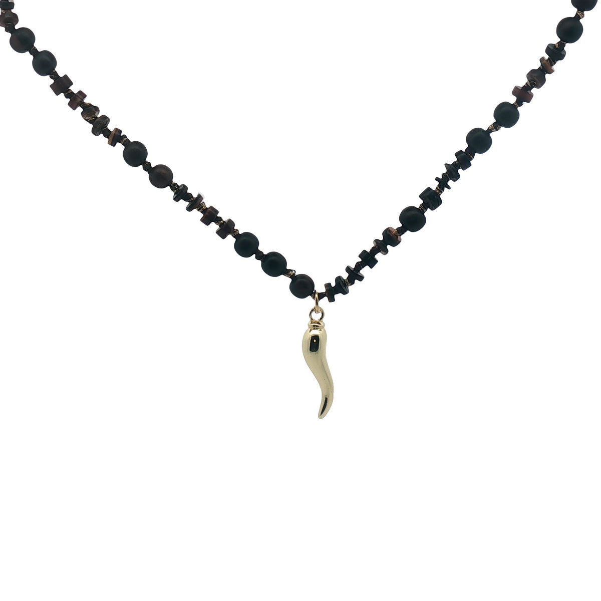 Collier piment doré mix perles bois marron 90 cm